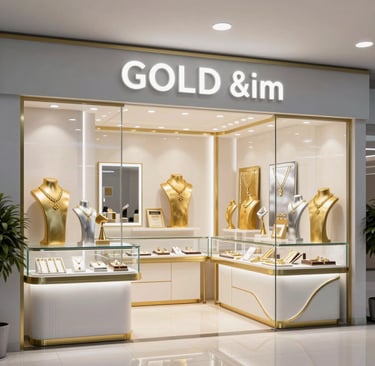 A warm, inviting storefront of s.p uma jewellers glowing softly in metallic blue and gold hues at dusk.