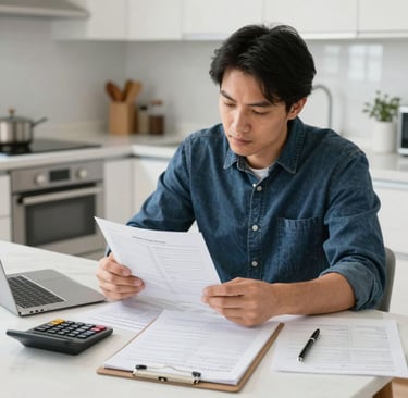 a homeowner comparing contractor estimates at a kitchen table with paperwork