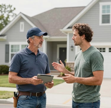 homeowner speaking with a reliable local contractor outside a suburban Southwest Washington home