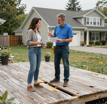 a homeowner and contractor reviewing a repair vs replacement issue at a suburban Southwest WA