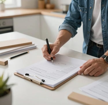 homeowner reviewing contractor paperwork or an estimate at a kitchen table