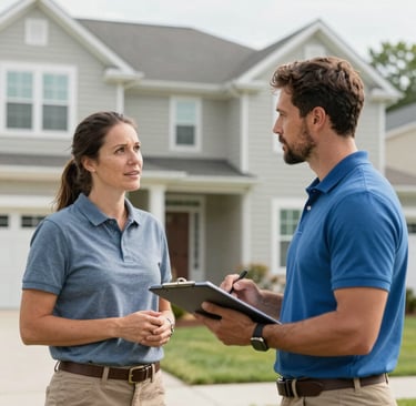 homeowner speaking with a contractor outside a suburban Southwest Washington home