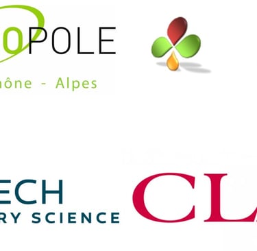 Logos of partner organizations including Bpifrance, Cosmetic Valley, Clarins, and CNRS biotech research partners.