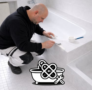 Professional plumber repairing a chipped white bathtub using a ceramic filler kit.