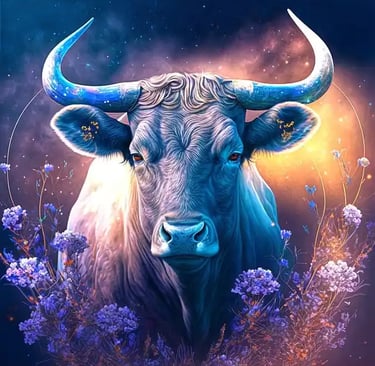 Taureau bleuté au milieu des fleurs