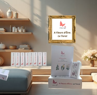 présentation du tarot A Fleurs d'Être dans un salon confortable et son titre dans un joli cadre doré