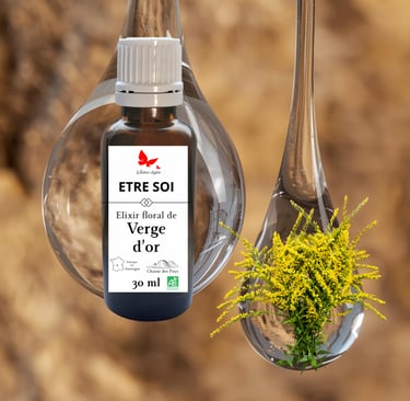 Flacon d'élixir floral de verge d'or " etre soi" logo l'Âme-Agie dans sa goutte d'eau + fleurs