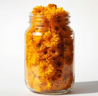 Un bocal remplit de fleurs de calendula