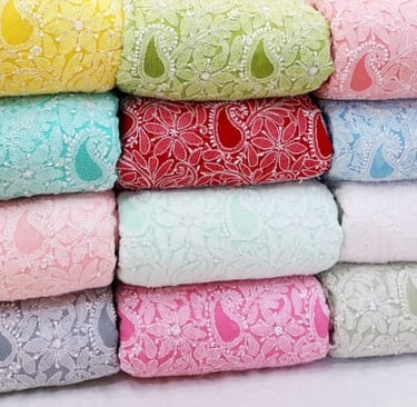 Georgette unstitched colorful Chikankari hand embroidery fabric with floral and paisley patterns.