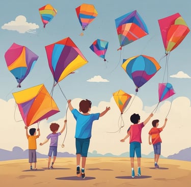 Colorful kite flying over serene apartment community during Sankranthi festival.