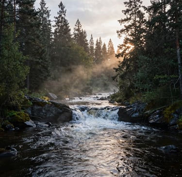 A serene Finnish lake at dawn with mist rising over calm water surrounded by dense pine forests.