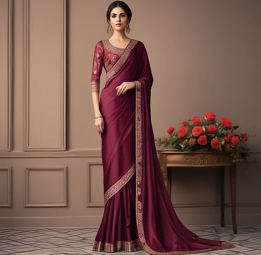 A close-up of a model gracefully draping a delicate, intricately embroidered saree in soft natural light.