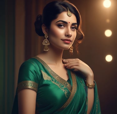 A model posing in a flowing saree with subtle shimmer, standing against a minimalist cream backdrop.