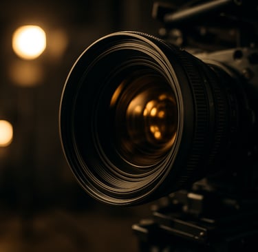 A close-up photograph of a professional high-definition cinema camera lens reflecting soft, warm studio lights. The composition is sleek and sharp, set within a North American film studio. The color palette features deep charcoal and muted gold highlights, evoking high-end craftsmanship and cinematic grandeur.