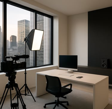 A sophisticated wide-angle shot of a modern, minimalist production office in a major North American city. Soft evening light filters through large windows, highlighting professional equipment and an elegant interior design with off-white and charcoal tones.