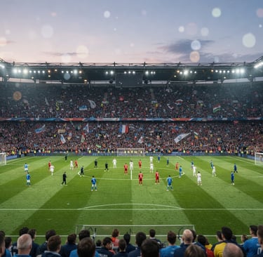 Partida de futebol do Brasileirão em estádio lotado ao entardecer. Cobertura completa no portal Futebol no Mundo.