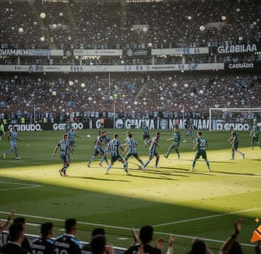 Partida de futebol do Brasileirão em estádio lotado com torcida ao fundo e jogadores em campo. Cobertura Futebol no Mundo.