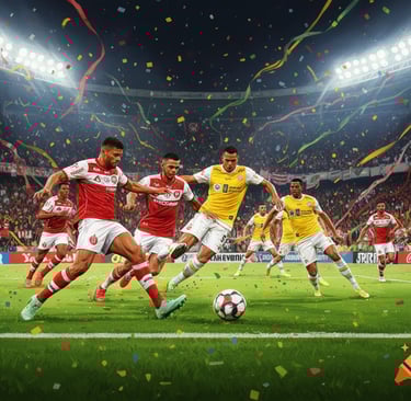 Partida de futebol do Brasileirão com jogadores em ação em estádio lotado. Cobertura Futebol no Mundo.