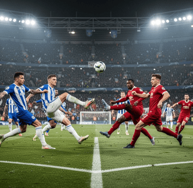 Partida de futebol com jogadores do Brasileirão em ação em estádio lotado à noite. Cobertura Futebol no Mundo.