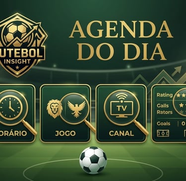 Banner de agenda do dia do portal Futebol Insight com claquete, horários de jogos e logotipo dourado sobre fundo de estádio.