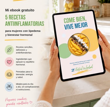 Tablet displaying a free anti-inflammatory recipes ebook for lipedema and hormonal health on a kitchen counter.