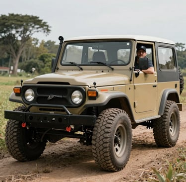 Portrait of a happy middle-aged man standing next to his Jeep after service.
