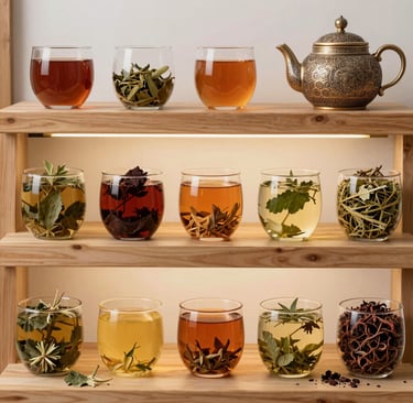 Three-level wooden shelf display featuring 13 glasses of herbal tea with visible herbs and a teapot