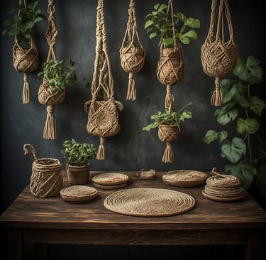 Rustic wooden table with handmade macrame mats, coasters, and hanging plant holders