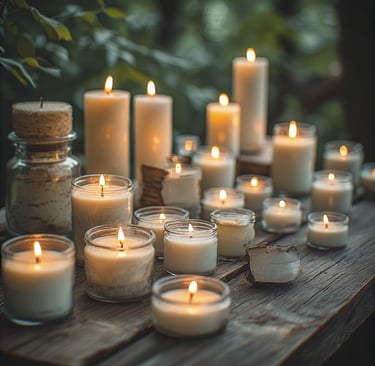 Rustic display of handmade beeswax pillar candles, container candles, and scented soy candles.