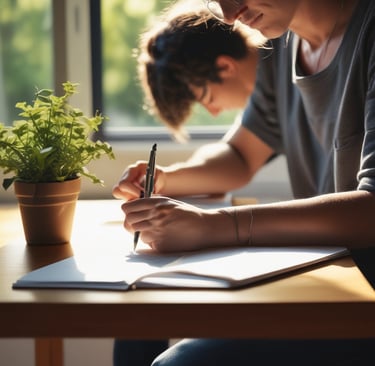 A focused individual writing goals in a journal at a sunlit desk, embodying clarity and intention.
