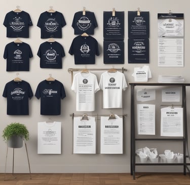 Branded merchandise including custom mugs and tote bags arranged neatly