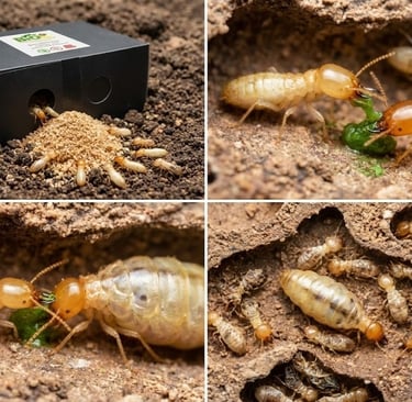 Professional termite baiting station showing worker termites consuming bait and sharing it with the