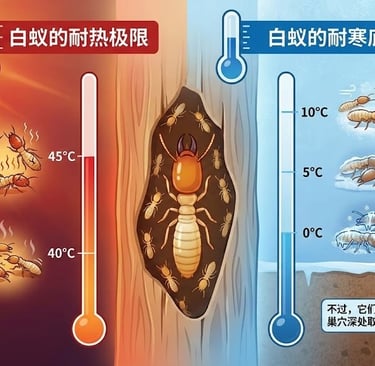 Infographic showing termite temperature tolerance: active above 40°C, protein damage at 45°C, activi