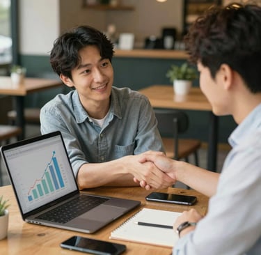 A friendly business consultant speaking with a small business owner in a cozy office setting.
