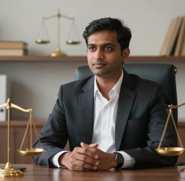 A professional South Asian / Indian legal expert in a white shirt and dark blazer sitting behind a desk in a modern, elegant office. A golden scale of justice is visible on a shelf behind them. Professional, credible mood.