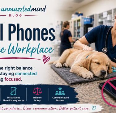 A veterinarian examines a puppy next to a crossed-out cell phone to discuss workplace distractions