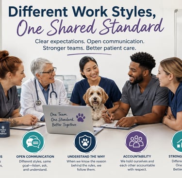 Diverse veterinary team collaborating around a laptop with a dog, illustrating workplace values and team standards.