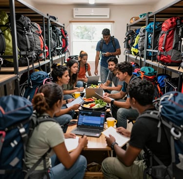 A cozy hostel common room with travelers sharing stories around a wooden table.