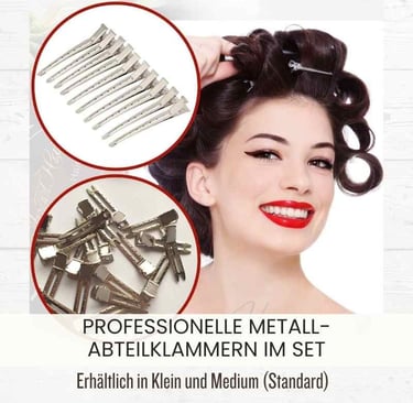 Professional metal hair clips for sectioning and styling pin curls on a brunette woman.