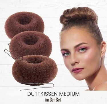 Set of three medium brown hair bun donuts and bobby pins next to a woman with a sleek updo.
