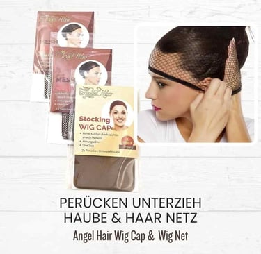 Angel Hair brown stocking wig cap and black mesh hair net for secure wig styling and hair coverage.