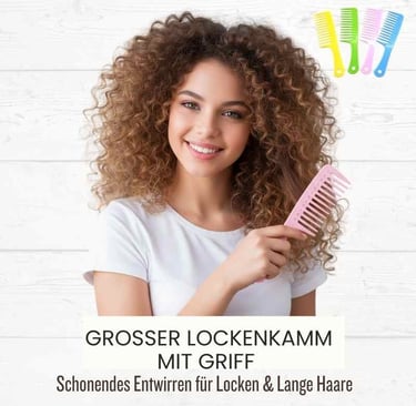Smiling woman with long curly hair using a pink wide-tooth comb for gentle detangling.