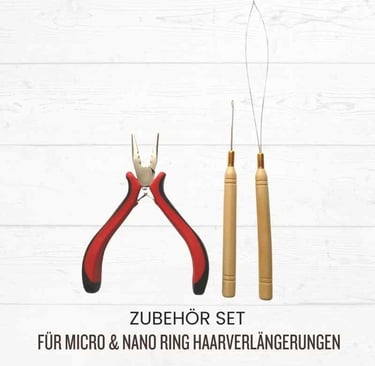 Professional tool kit for micro and nano ring hair extensions including pliers, hook, and loop needle.