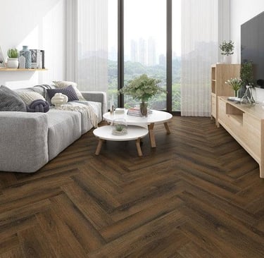 Modern living room featuring dark oak herringbone pattern laminate flooring