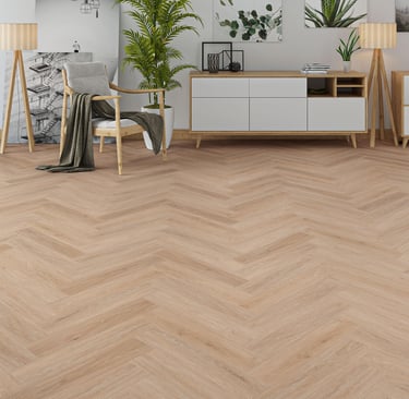 Modern living room featuring light oak herringbone pattern hardwood flooring