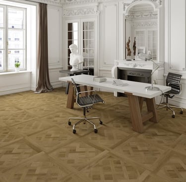 Elegant home office with traditional Versailles pattern oak 