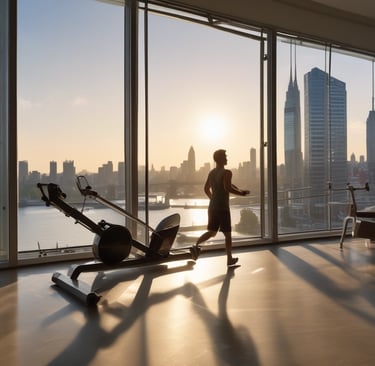 An energetic young woman rowing indoors with natural light streaming through a modern living room window