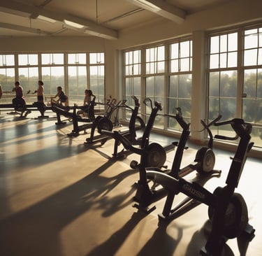 A modern home gym setup featuring resistance bands, kettlebells, and a wall-mounted mirror.