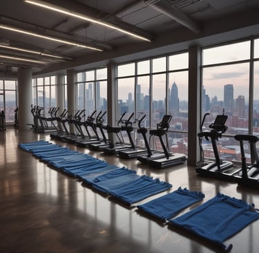 A set of adjustable dumbbells resting on a wooden floor next to a yoga mat and water bottle.