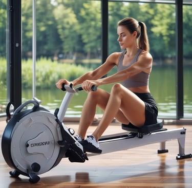 topless man using rowing machine